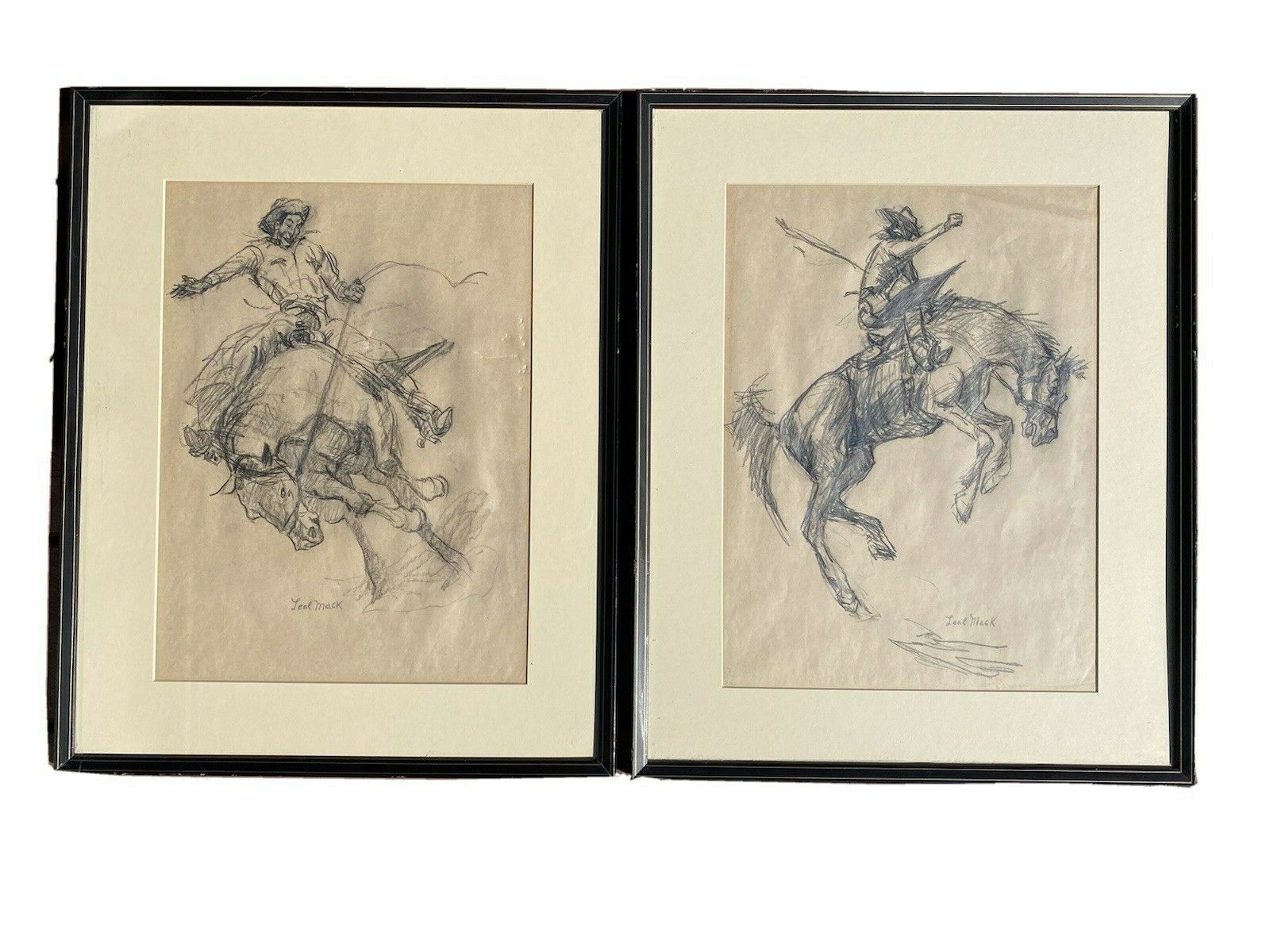 Pair Leal Mack American (1892-1962) Charcoal Bucking Bronco Western Drawings. Leal Mack was a painter and a magazine illustrator born in Titusville, Pennsylvania. He worked for The Saturday Evening Post, Harper's, Country Gentleman and Youth's Companion. He relocated to Taos, New Mexico in 1944 where his works centered on Western Cowboy Themes. These two signed charcoal drawings are in good condition other than the one on the left has some indentation on the paper. The framed measurement is 16.75" x 20.75" each ~ $165